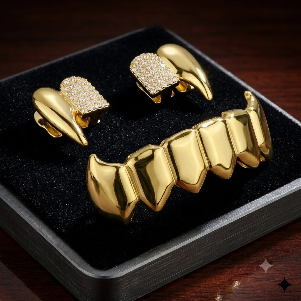 JINAO Hip Hop 3pcs Teeth set iced CZ Double Vampire fangs Grillz Top&Bottom shinny Cosplay Grill Punk Rapper Christmas Gift