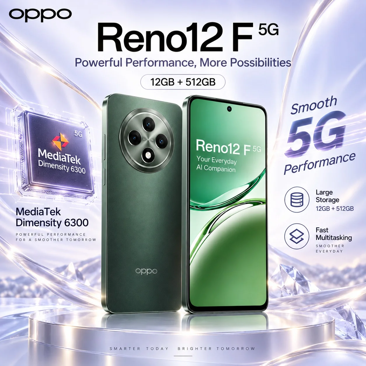 OPPO Reno12 F 5G: 12GB+512GB power, 50MP AI camera, 120Hz OLED, Dimensity 6300, 5000mAh battery, 45W SUPERVOOC for all-day use.