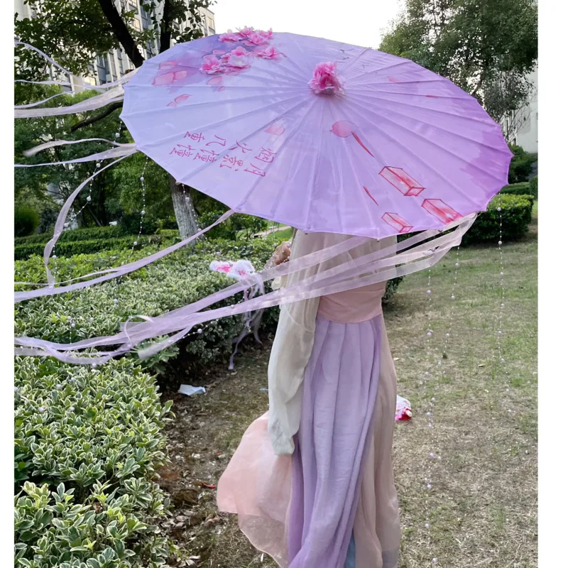 Vintage Hanfu Oiled Paper Umbrella Rain Women Photography Prop Rain proof Ribbon Tassels Umbrella Fan Paraguas Parasol