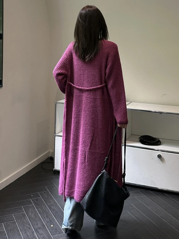 Lace Up Sweater Cardigan Women Thick Autumn Winter Coat 2023 England Style Vintage Knitted Long Cardigan femme Oversize Sweaters