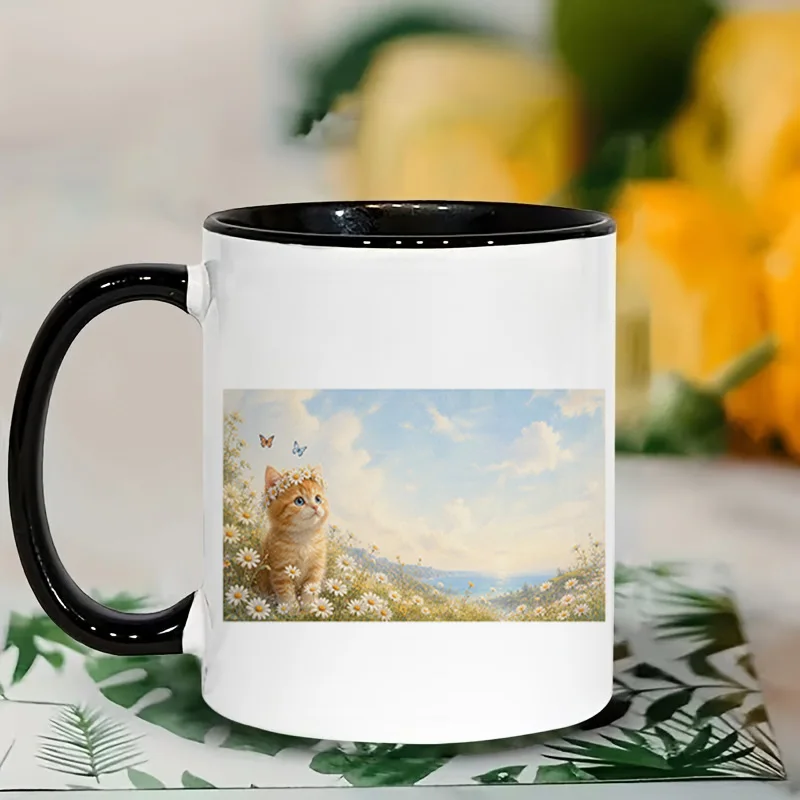 Cute Orange Kitten Daisy Flower Crown Butterfly Ceramic Coffee Mug 11oz 350ml Personalized Custom Colorful Print Microwave Safe