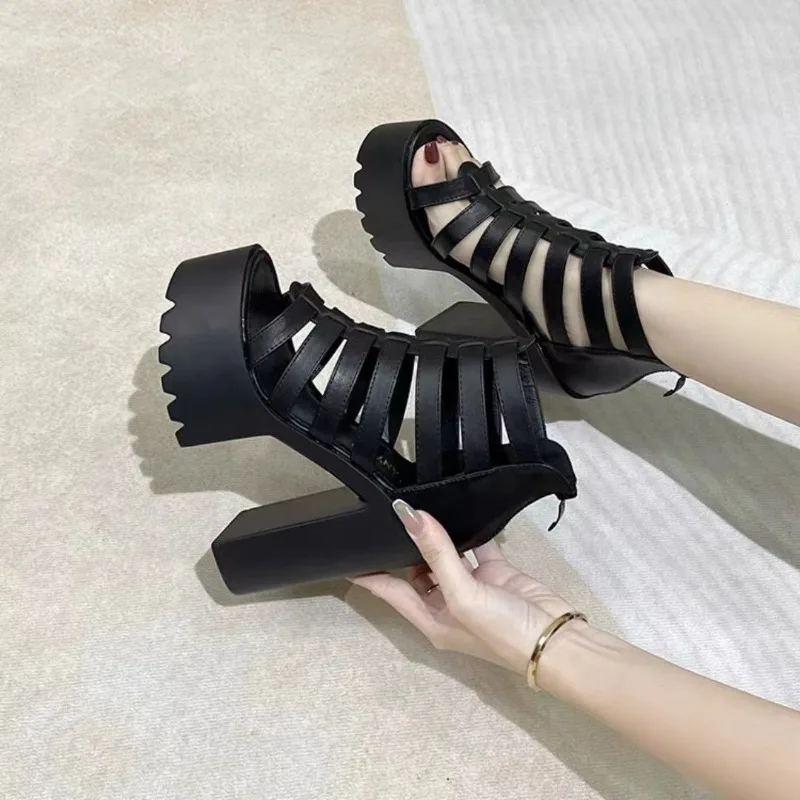 Summer New Platform Thick High Heels Gothic Sandals Women Sexy Open Toe Round Head Leather Hollow Zipp Cover Heeled Modern Shoes