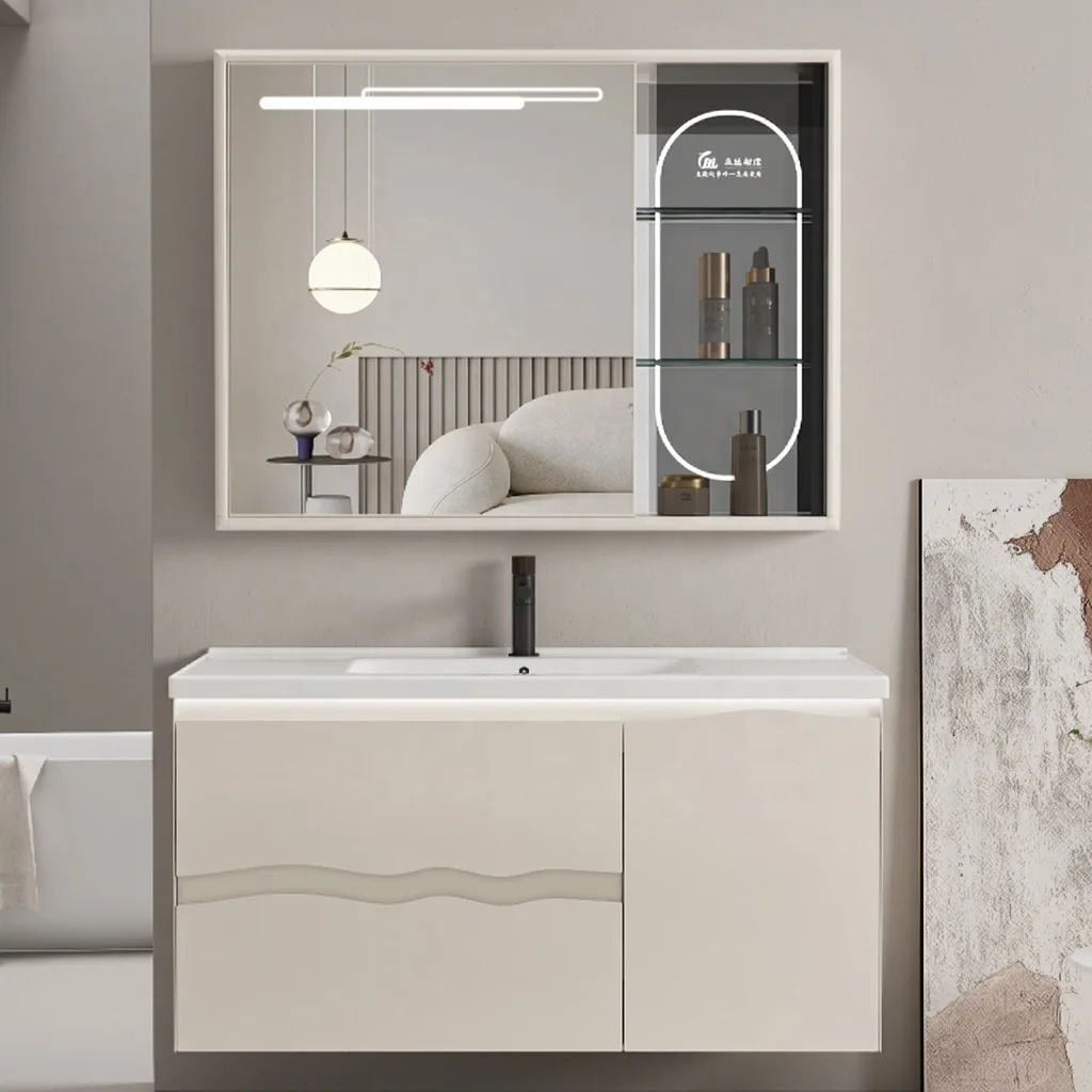 Wall-Mounted Modern Aluminum Stainless Steel Cream Rectangle Vanity Combo Magnifying Mirror Intelligent Lighting Easy Clean