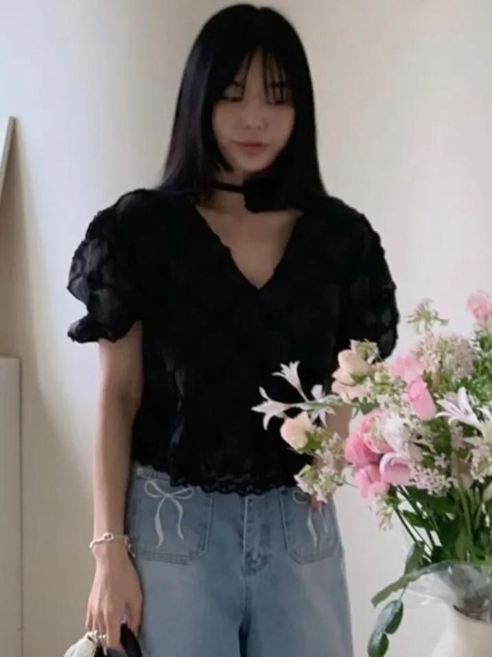 

Sweet Overalls Heavy Embroidery 3D Flowers Versatile irts Dongda Gate INS Recommendations Small Cro Bubble Sve Blouse