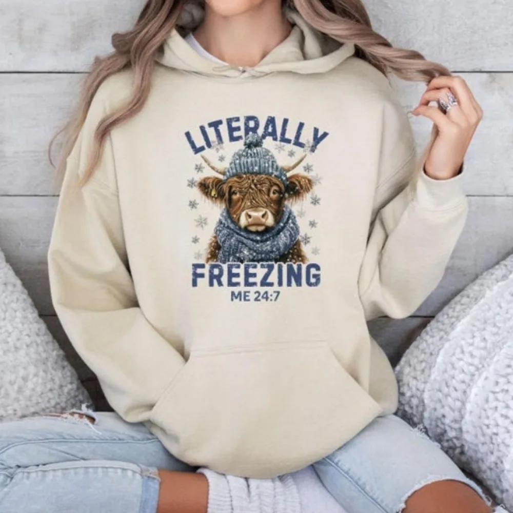 Literaly Freezing Hoodies Winter Cow Sweatshirt Cow Gifts Highland Cow Hoodie Spring Autumn Winter Thermal Long Sleeve Hooded