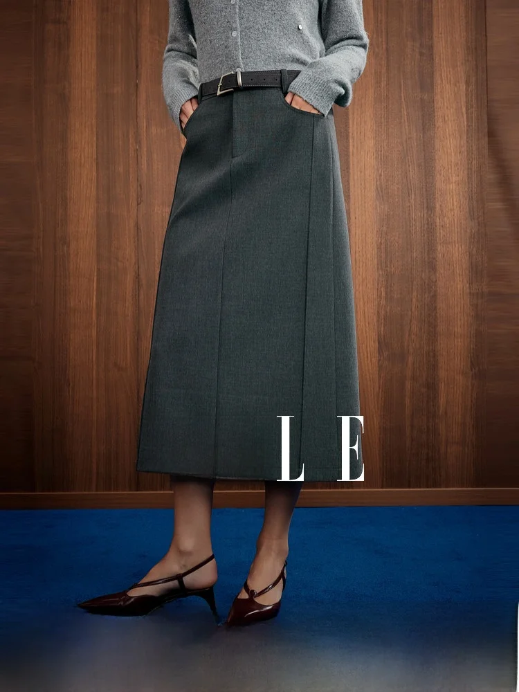 Elle Grey Series High Waist Straight Leg  Skirt for Women Belted  Color Slimming Winter New Arrival Commute Style