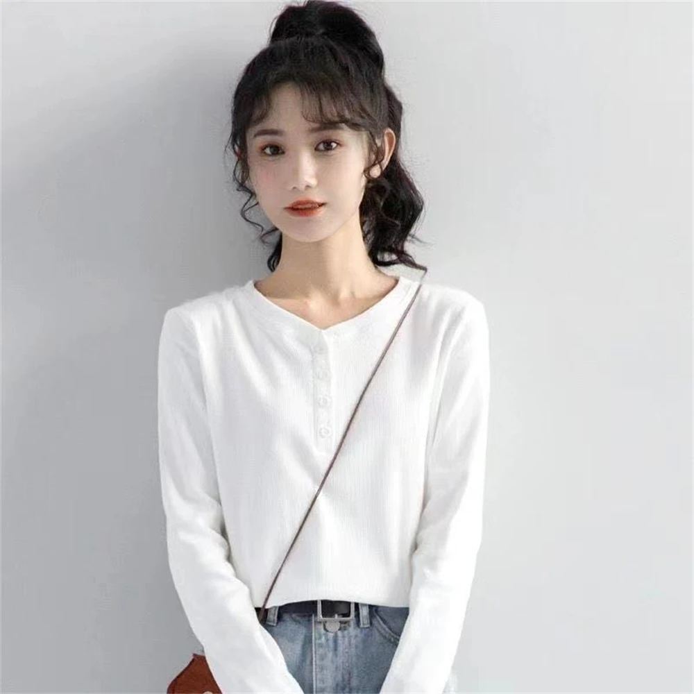 2024 Threaded Cotton Long Sleeve T-shirt Women's Bottom Shirt Spring and Autumn Inner Match Clear New Slimming Top