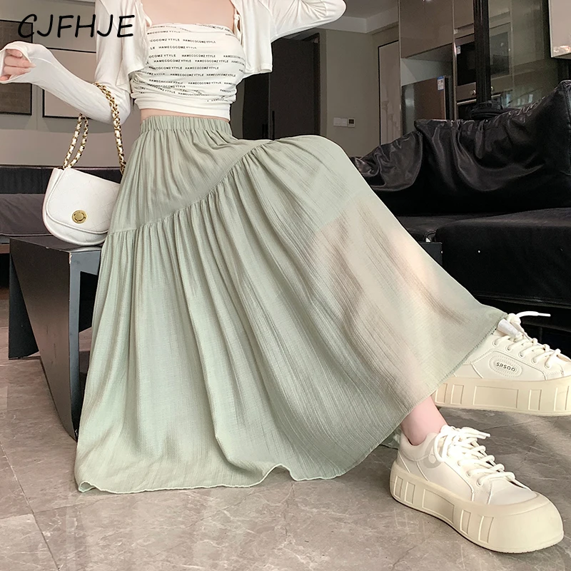 CJFHJE New French Solid Color Women's Elastic Waist Skirt Spring Versatile Fashion Combination Mid Length Women A-line Skirt