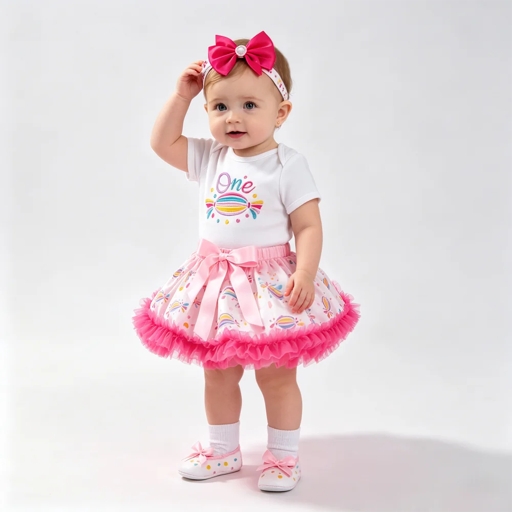 Infant Baby Girls 4Pcs Birthday Clothing Set with Candy Embroidery Romper Ruffled Tutu Skirt Bow Headband And Shoes