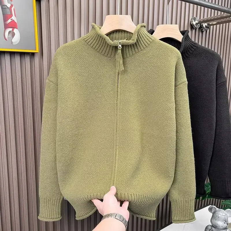 New Spring and Autumn New Light Luxury Simple Knitted Cardigan Men's Fashion Zipper Jacket Solid Color Heavyweight Sweater Coat