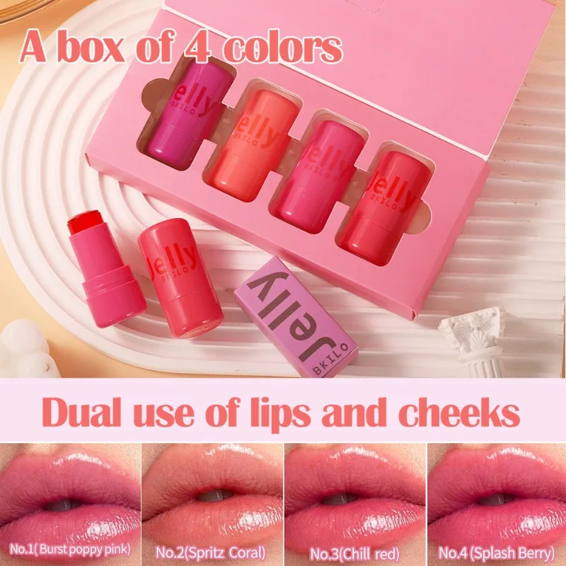 4 pièces ensemble gelée joue Blush & gelée teinte lèvres 2 en 1 hydraté fard à joues Contour du visage Rouge Rouge à lèvres longue durée Rouge maquillage