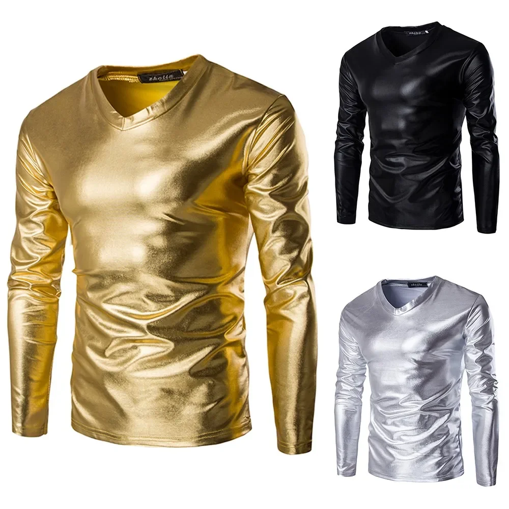 Tops Mens T-Shirt Nightclub L-4XL Long Sleeve Muscle Tee Wet Look All Season Blouse PU Leather + Polyester Practical