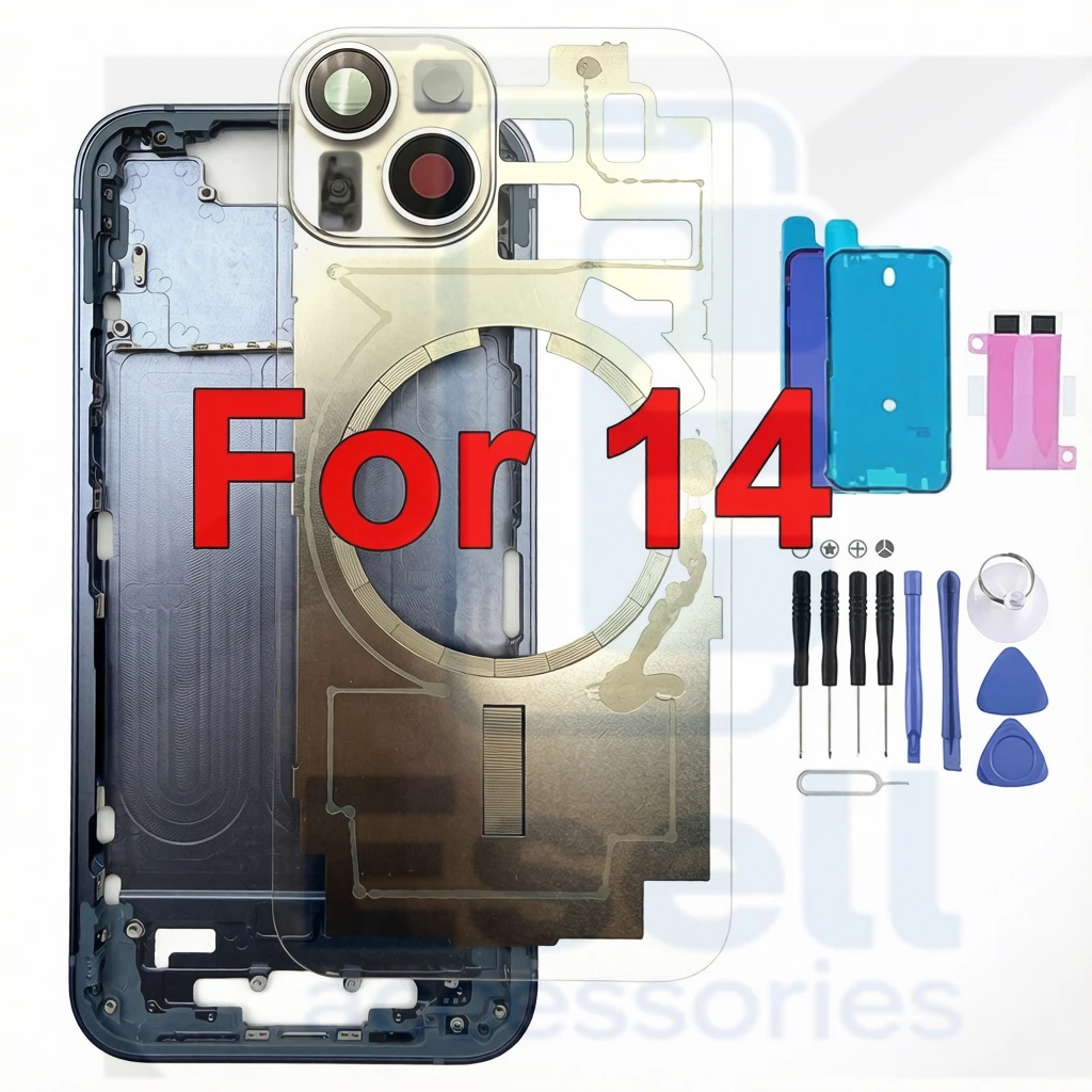 For iPhone 14 Middle Frame + Transparent Back Glass Housing Replacement With SIM Card Tray Buttons Adhesive Sticker Repair Kit