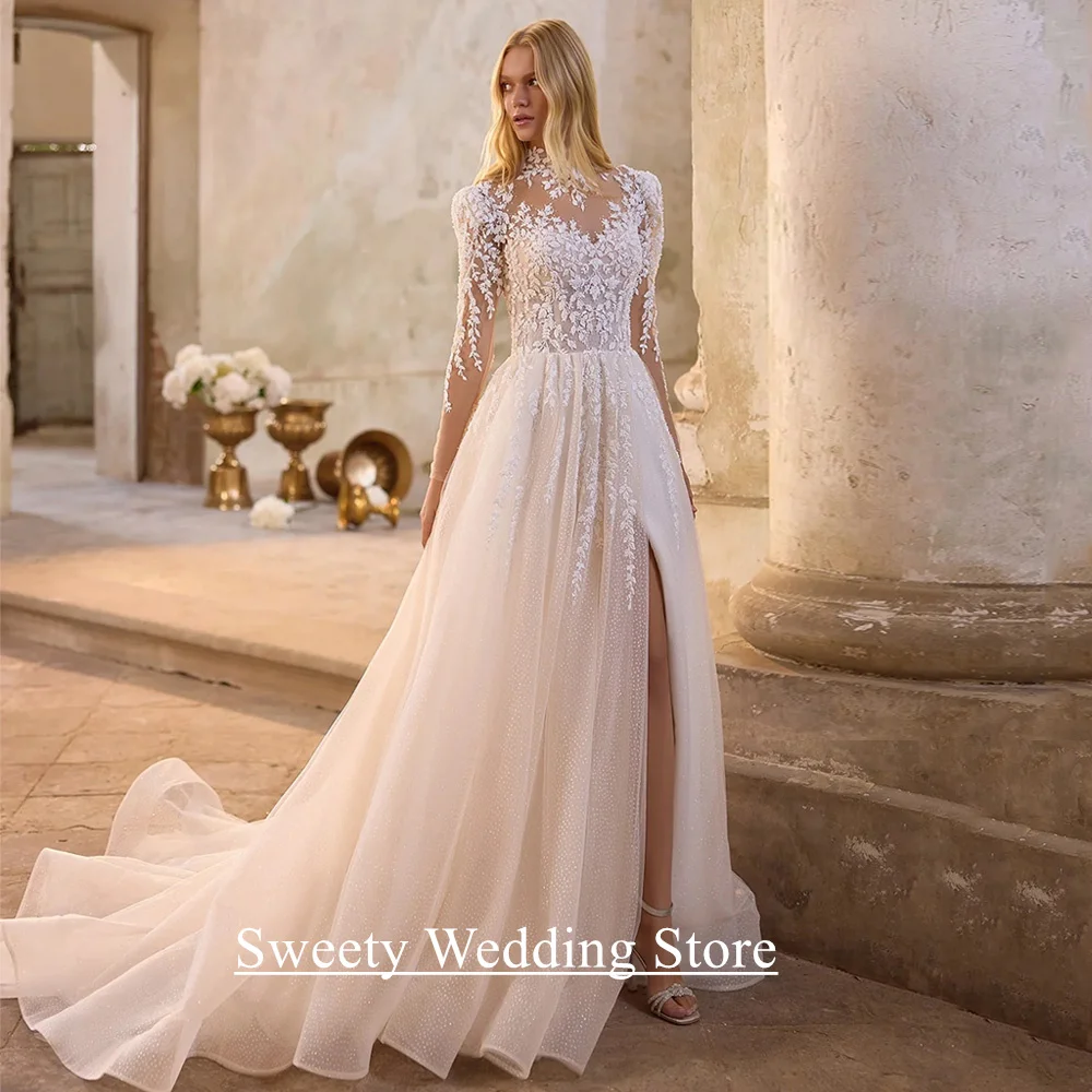 

Sparkling Wedding Dress Slit Customized High Neck Long Sleeves Beading Applique Sweep Train Arabian Bridal Gown for Bride