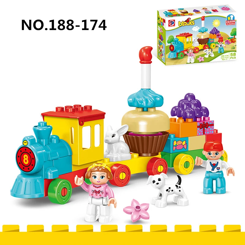 58 개/대 크리 에이 티브 생일 축하 케이크 기차 대형 입자 빌딩 블록 어린이를위한 조기 교육 퍼즐 장난감 크리스마스 선물