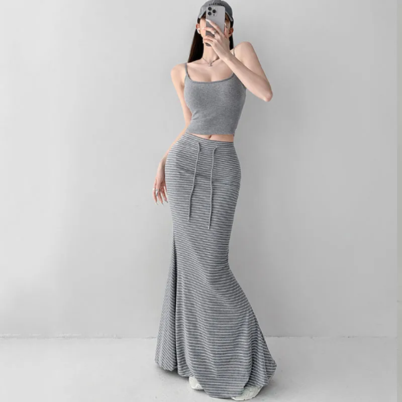 Czarne paski długie spódnice damskie spódnica Maxi letnia seksowna damska wysoka talia Bodycon spódnice trąbkowe damskie Mujer Faldas