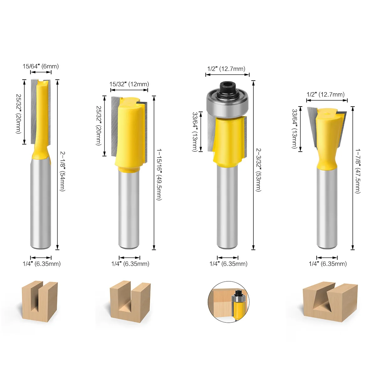 6PCS 1/4" 6mm Shank Router Bit Set Set Trimming Straight Milling Cutter for Wood Bits Carving Machine Woodworking Cutting Tools