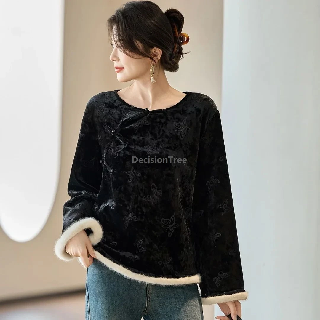 

2025 velvet fleece-lined blouse thicken warm new chinese style qipao top elegant ethnic style leisure versatile temperament top