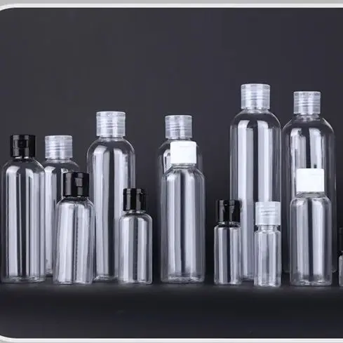 30 ml, 50/60 ml, 120 ml, 150 ml, 200 ml, 250 ml, 300 ml, 500 ml, leere runde Dosierkappen, Plastikflasche, klare PET-Flasche mit Scheibenverschluss