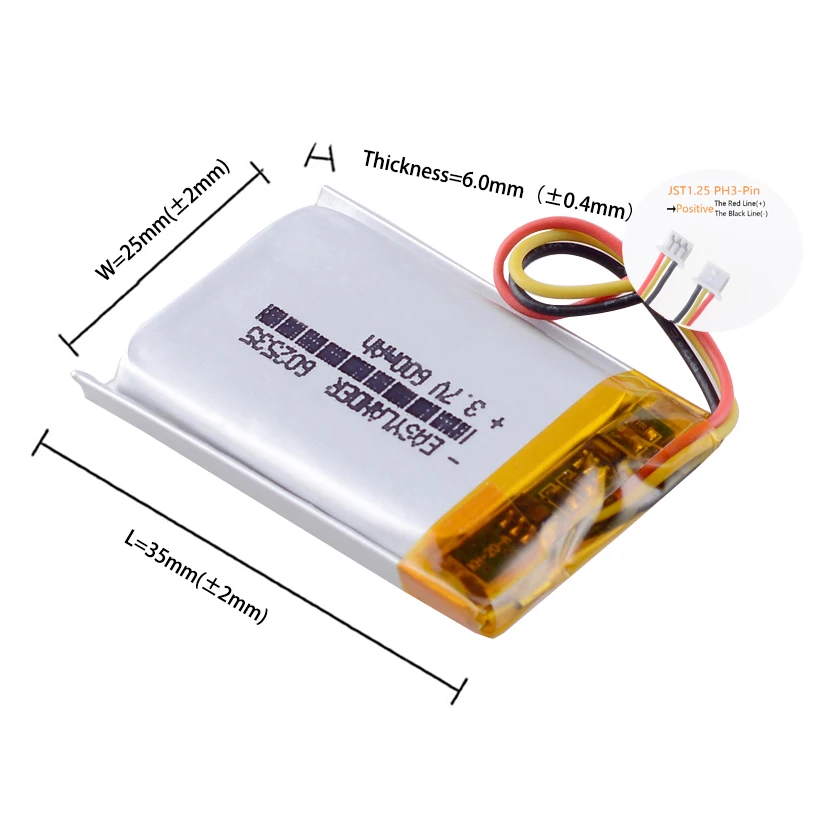 JST1.25 3Pin 3.7V 302535 402535 502535 602535 702535 802535 902535 102535 بطارية ليثيوم بوليمر قابلة للشحن