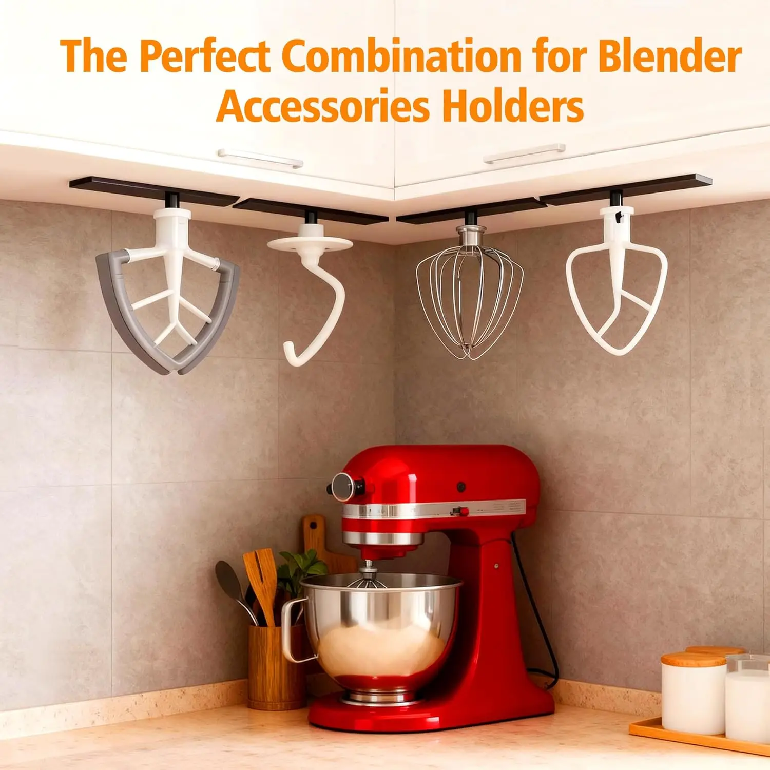 Suporte para 4 Peças de Acessórios de Batedeira para Batedeira KitchenAid, Montagem sem Furos com Parafusos, Ganchos de Armazenamento, Organizador que Economiza Espaço