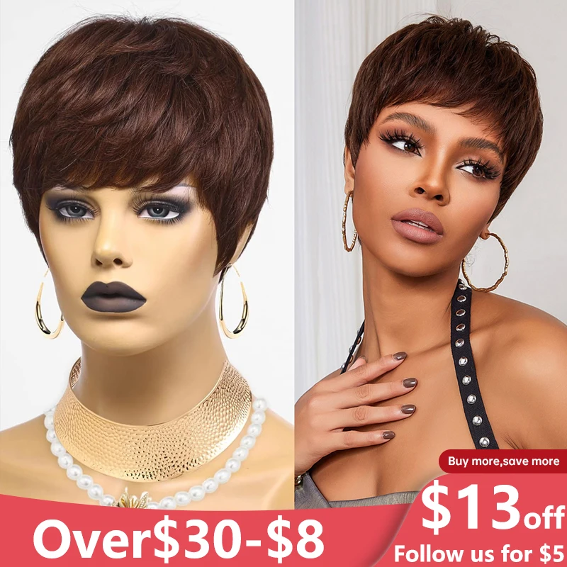 

Human Hair Wigs Pixie Cut Wavy Wig with Bangs Short Layered 100% Remy Hair for Black Women Dark Brown Bob Natural Human Hair Wig