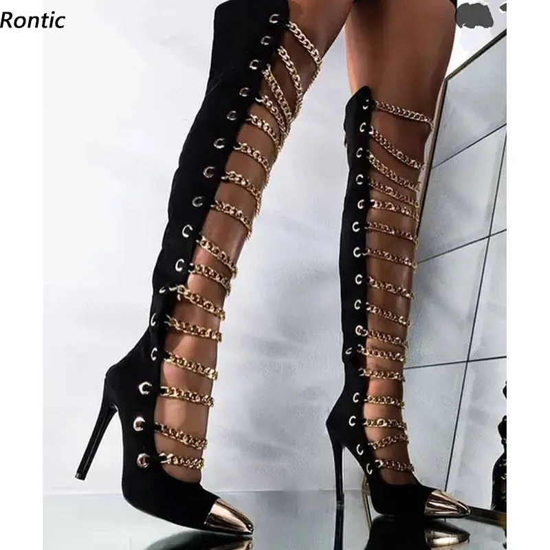 Rontic Handmade Women Spring Over Knee Boots Sexy Chain Back Zipper Stiletto Heels Pointed Toe Black Party Shoes US Size 5-15