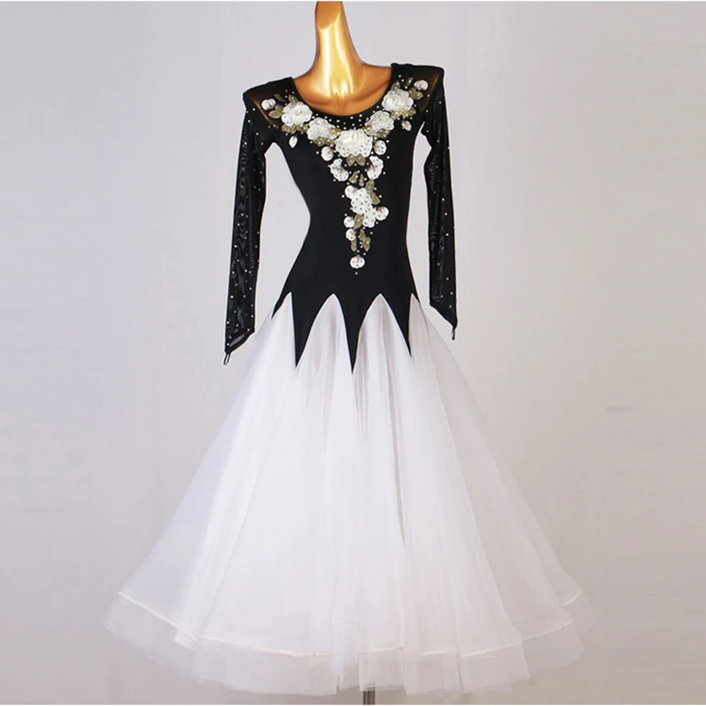 

White High Quality Competition Round Neck Ballroom Dance Decal Practice Wear Big Skirt Elegant Rhinestone Black Women Dress