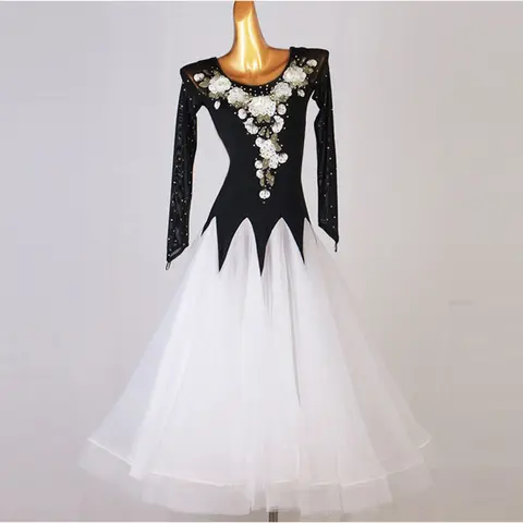 Blanc haute qualité compétition col rond salle de bal danse décalcomanie pratique porter grande jupe élégant strass noir femmes robe