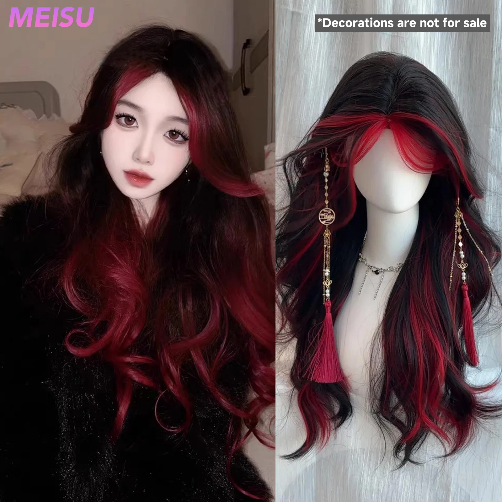 

MEISU 26-дюймовые синтетические вьющиеся волнистые парики без челки, черные волосы, смешанные красные, термостойкие, натуральные и гладкие, повседневная одежда для женщин