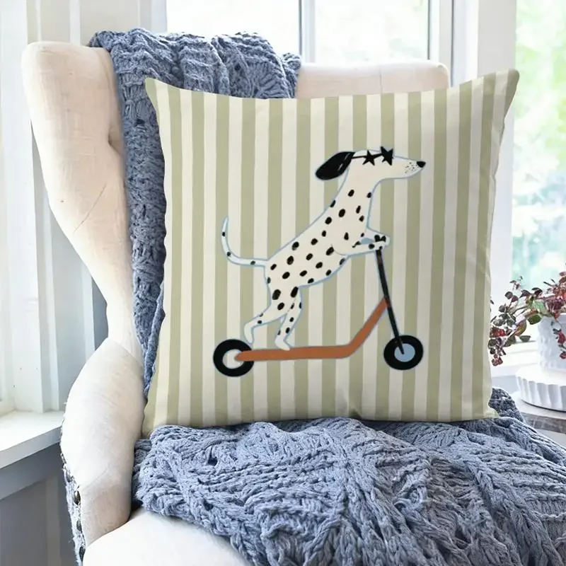 Cute Dalmatian Dog Scooter Throw Pillow Cover Funny Cartoon Pet Print Decorative Cushion Case Sofa Couch Living Room Kids