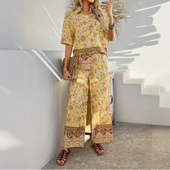 

Casual Pant Sets Bohemian Floral Print Vacation Style Shirt Top High Waisted Straight Leg Pants Set Summer New In Matching Sets