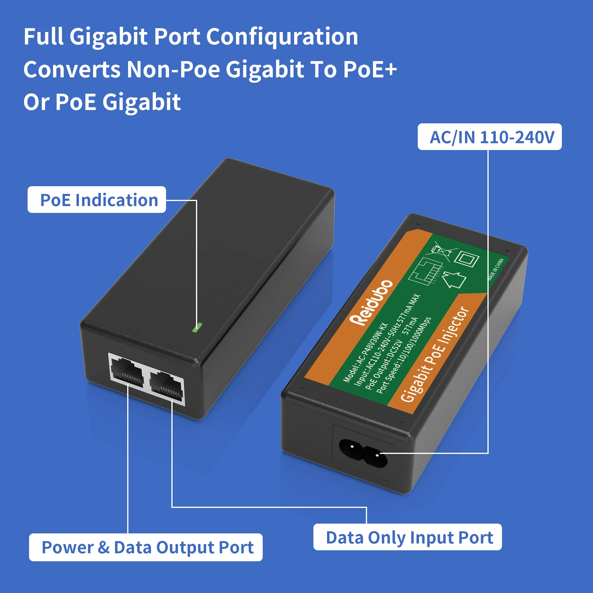 Imagem -03 - Adaptador Gigabit Poe Injector 30w Ieee 802.3 af at Compatível Não-poe Mais Rede 10 Mbps 100 Mbps 1000mbps Plug & Play Rj45