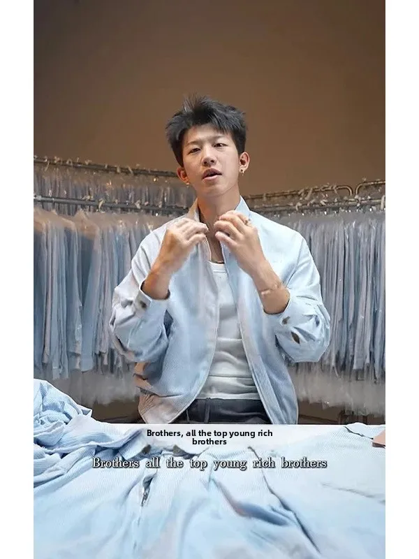 

Cleanfit Men's mat Light Blue White Stripes irt Jaet Autumn Outerwear Long Sve Zipper Closure Casual Cotton