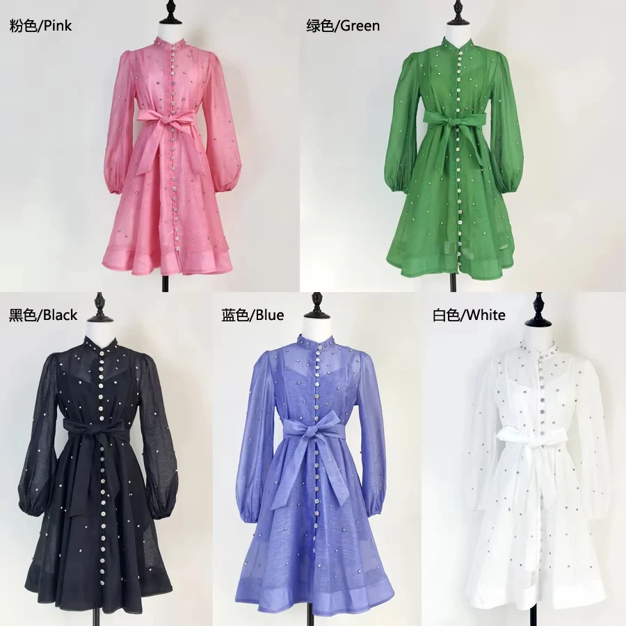 

French Luxury Crystal Beaded Wedding Prom Mesh Dress Women Stand Long Lantern Sleeve Diamond Buttons Belt Lace Up Mini Vestidos