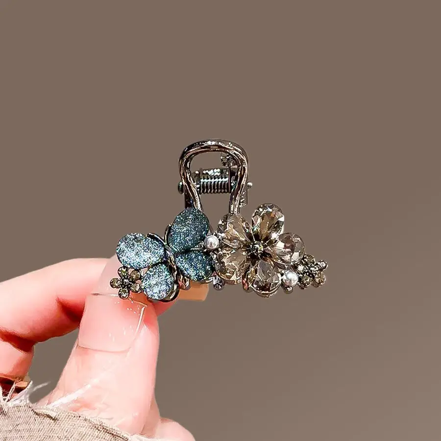 Vintage Flower Rhinestone Mini Hair Claw Women, Luxury Blue Glaze Crystal Shark Clip, Elegant Hairpin, High-end Hair Accessories