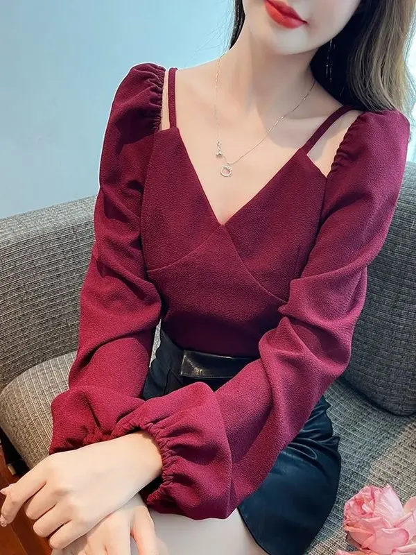 

Spring Autumn Long Sve ort V-Ne oulder Women's Base irt Sexy Pure Desire Sle Bubble Sve Commute Sle