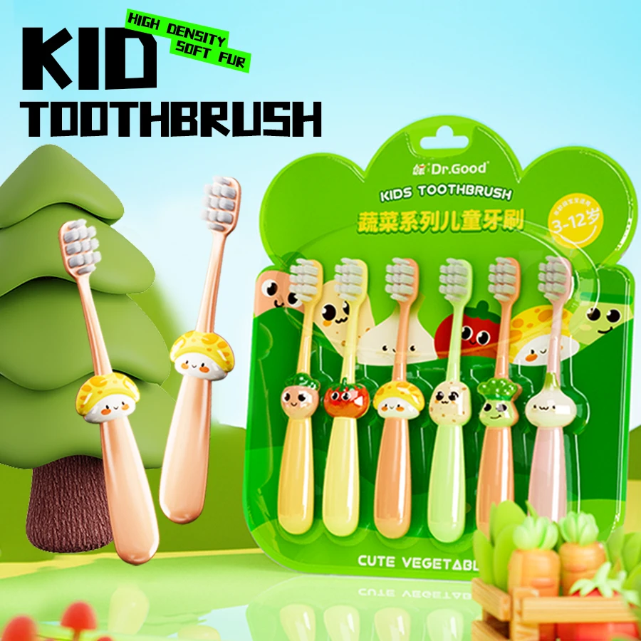 6pcs Cartoon vegetable children's toothbrush gently cleans the mouth for children aged 3-12