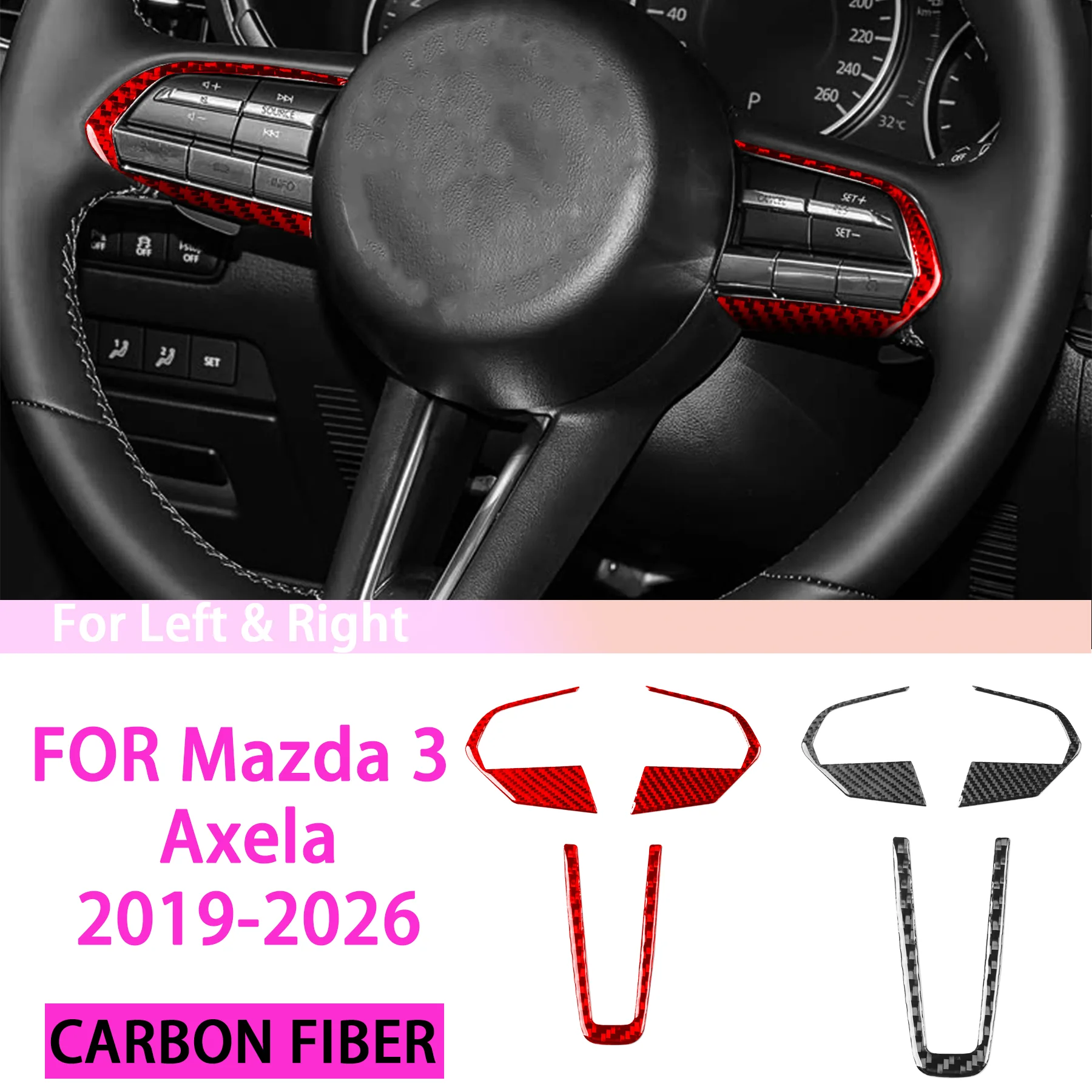 

Car Steering Wheel Multi Functional Button Chin Panel Frame Interior Accessories FOR Mazda 3 Axela 19-26 Carbon Fiber Stickers