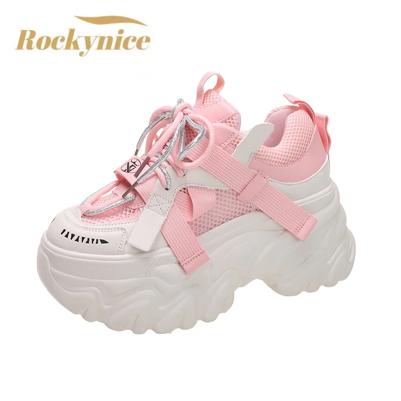 

Summer Breathable Mesh Sneakers 8CM Hidden Heels Spring High Platform White Sports Dad Shoes Woman Wedges Casual Chunky Sneakers