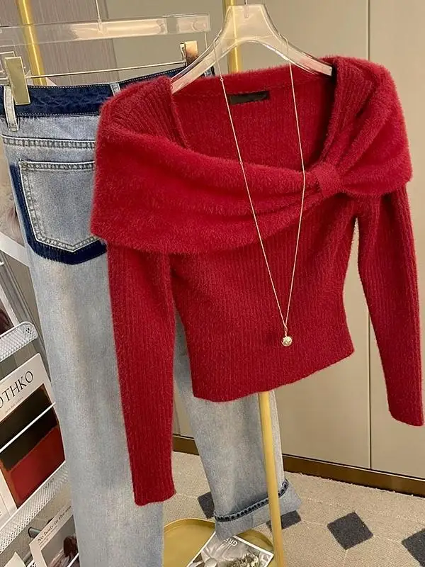 spring-2025-women's-knitted-sweater-with-knot-one-oulder-design-soft-cozy-new-year's-red-faion-top