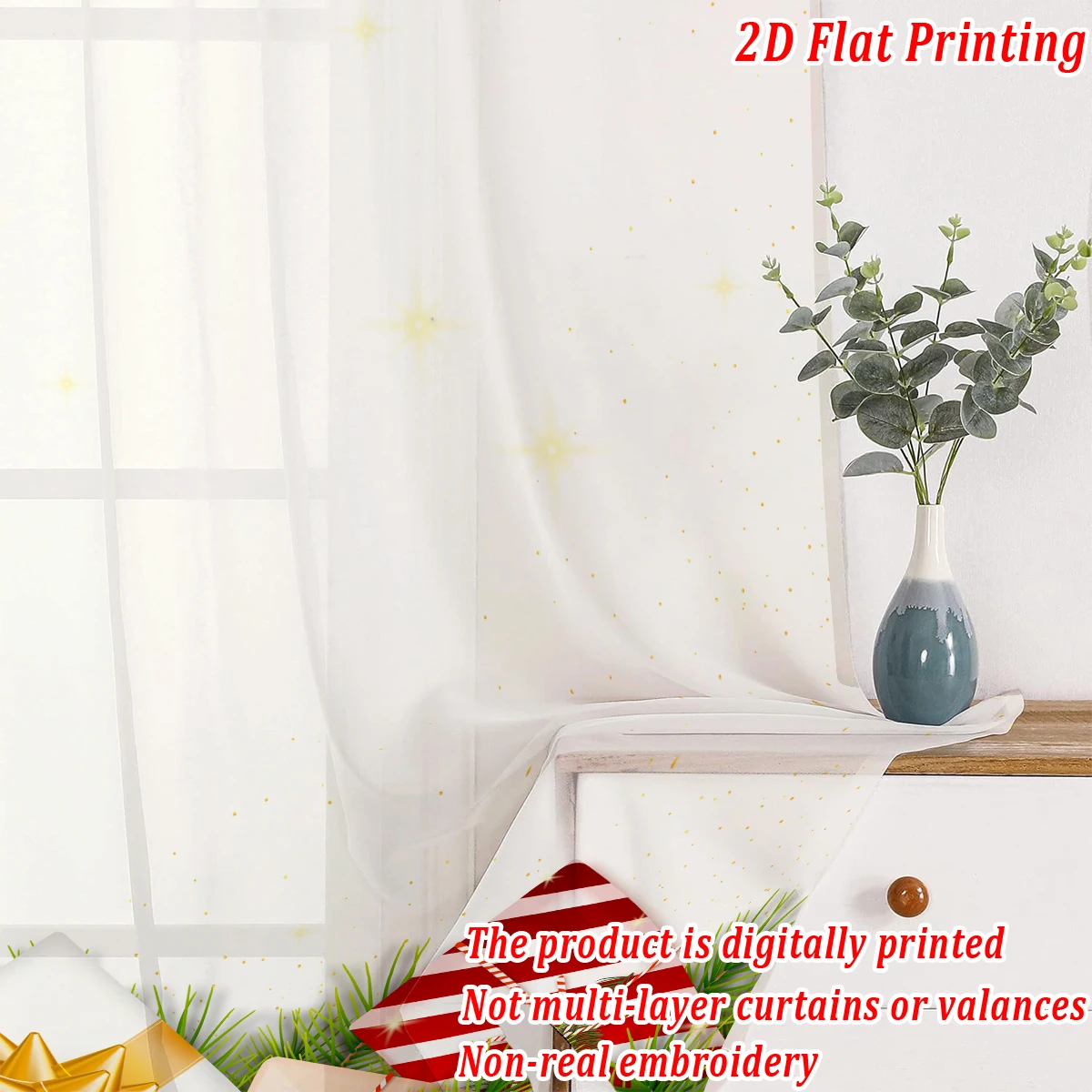 Christmas Flat Printing Sheer Curtain with Christmas Snowflak Ornament Star Gift Box for Living Room Bedroom Decor Holiday Party