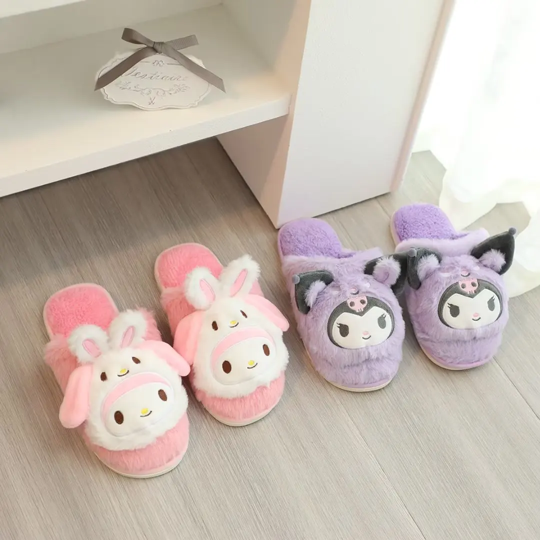 Fluffy Comfortable Slippers Big Ear Kuromi My Melody Cinnamoroll Warm Indoor Shoes Japanese Style Cotton Shoes Girl Non-slip