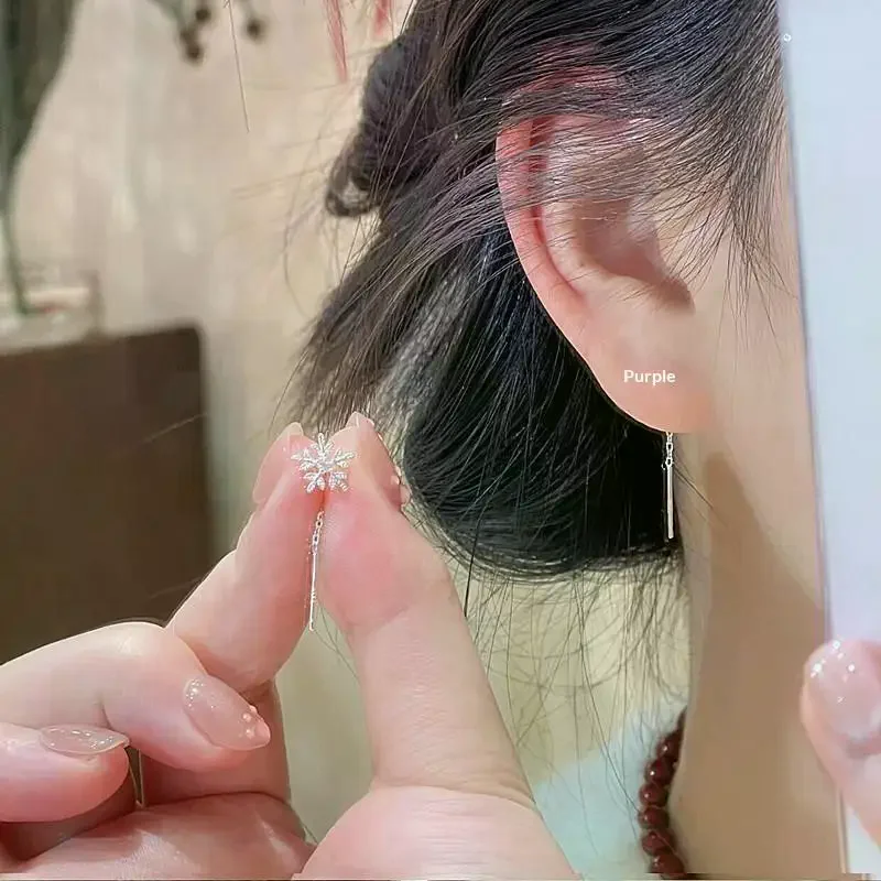 Simple Elegant Snowflake Chain Tassel Dangle Earrings Korean Dangle Ear Studs Winter Jewelry Christmas Accessories Gifts