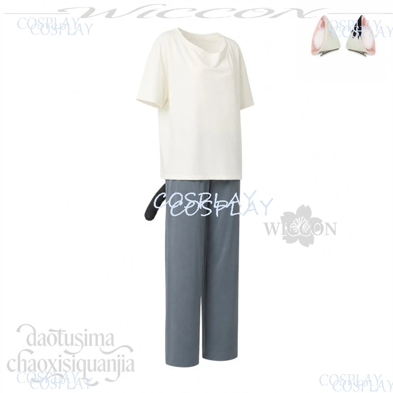 Tshirt Pants Furry Cat Earwear Headband Tail Mint Wigs Full Set Anime Chainsmoker Cat Cosplay Yanineko Costume Halloween Party - view 4