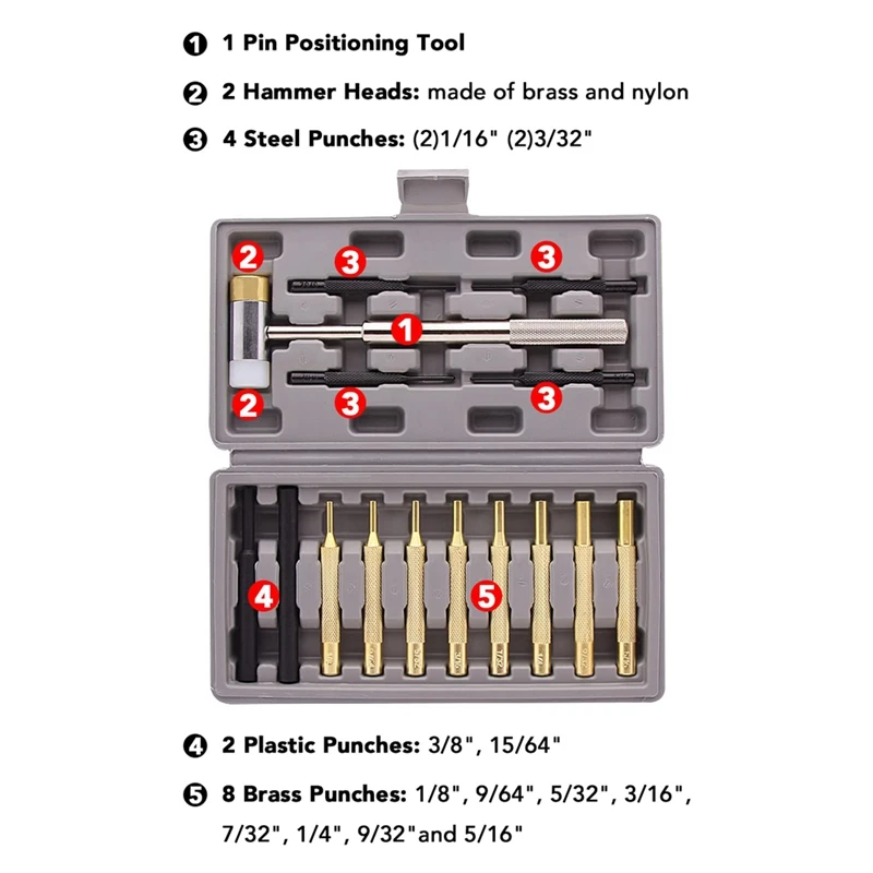 Professional Roll Pin Punch Set & Hammer Spare Parts With Brass, Steel, Plastic Punches And Interchangeable Hammer Head