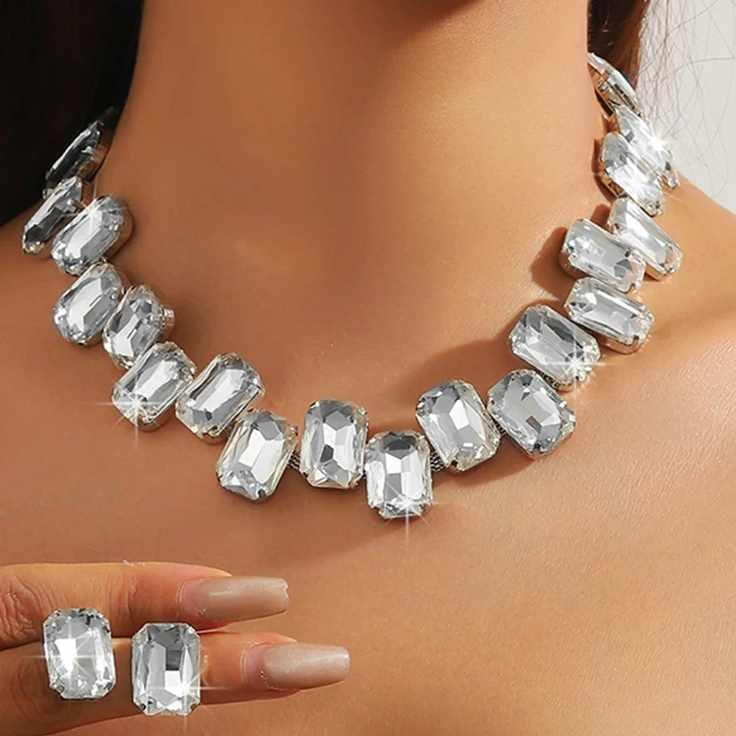 Oversize Square Rhinestone Choker Necklace Set for Women
