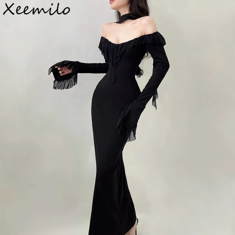 Xeemilo elegante vestido de noche con volantes de malla temperamento cuello redondo ajustado manga larga Maxi vestidos mujeres elegante fiesta Club bata