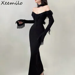 Xeemilo Black Mesh Ruffles Evening Dress Temperament Round Collar Slim Long Sleeve Maxi Dresses Women Elegant Party Club Robe