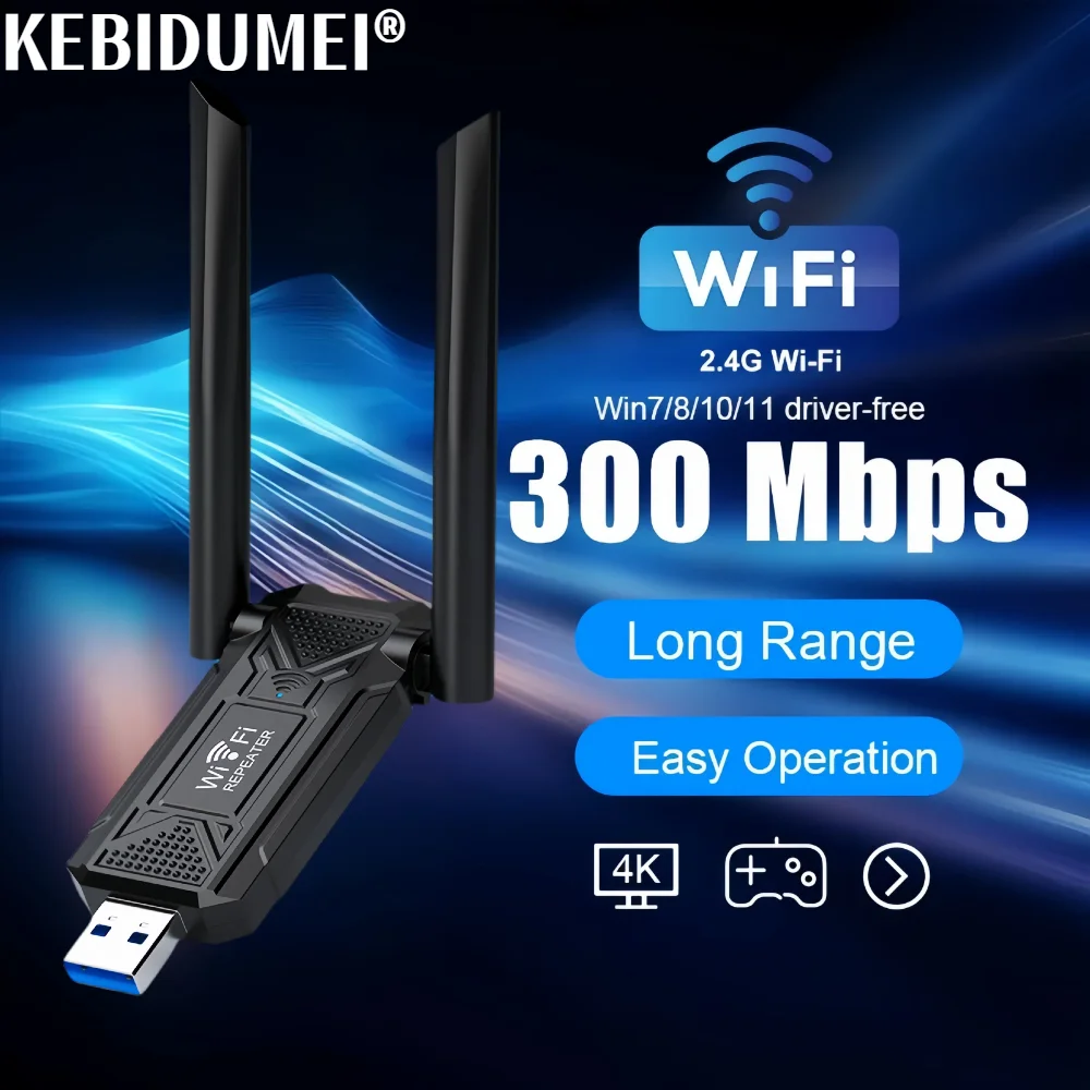 Amplificador de señal WiFi de largo alcance, enrutador inalámbrico USB de 2,4G y 300Mbps, extensor de red para el hogar